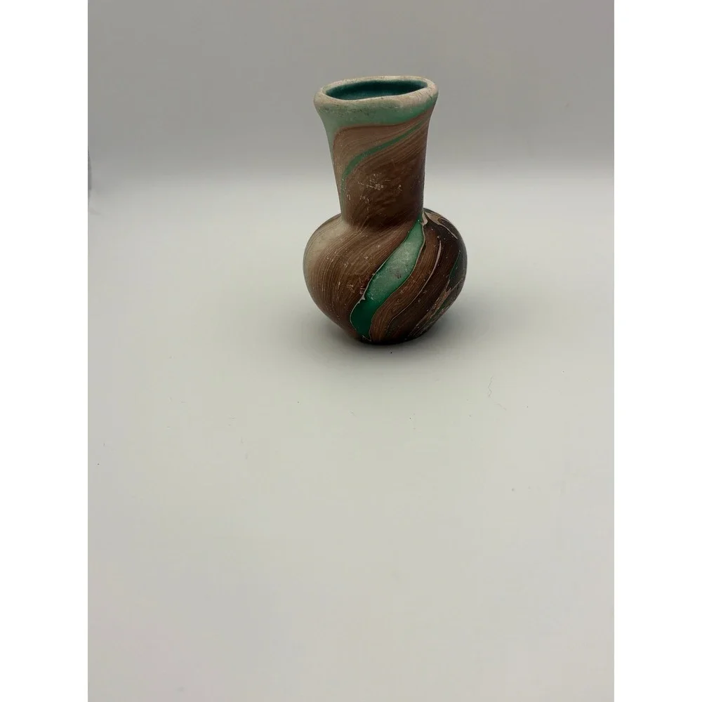 Handcrafted Swirl Ceramic Bud Vase Teal Brown Small Decorative Accent